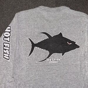 Vintage Hot Fish Tuna Gray Long Sleeve T Shirt Mens Small Fishing Tee